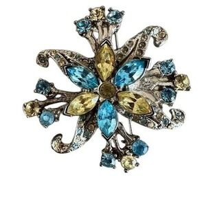 Vintage Tiara Misu Flower Brooch Blue Yellow Crystals Silver Tone Pin Made USA